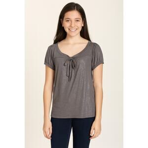 FANG Juniors’ Gray Shimmer Puff Sleeve Top with Front Tie – Size Large EUC